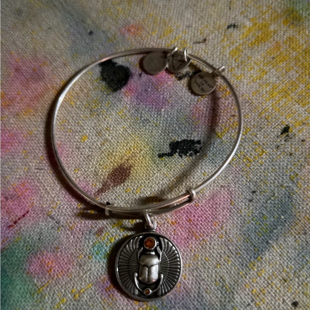 Silver Scarab Charm Bangle Bracelet with Amber Accent - Women's Jewelry